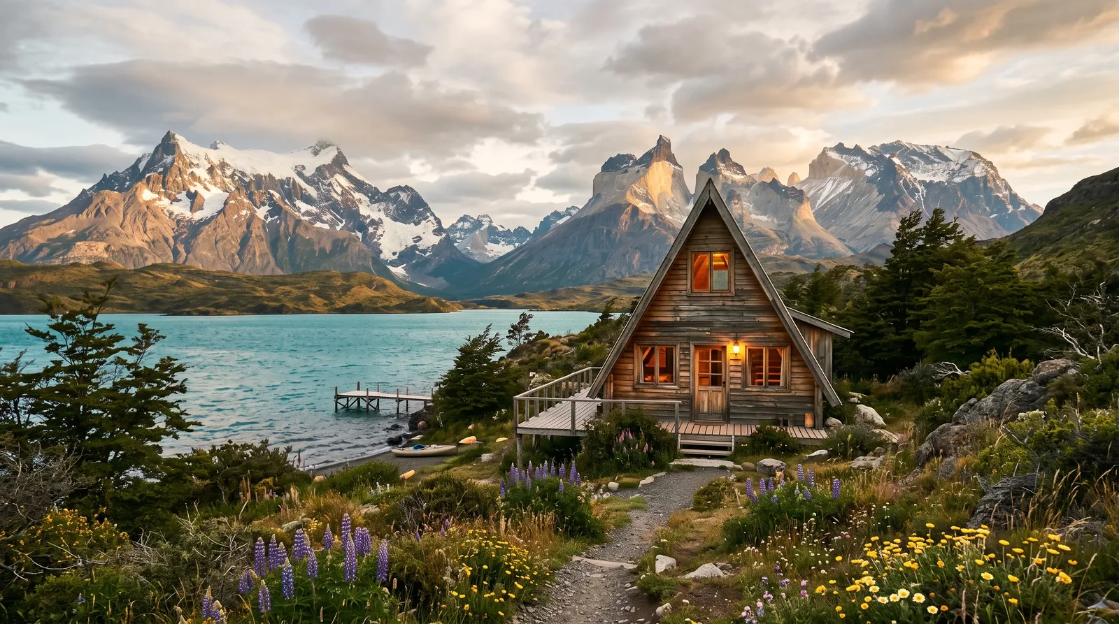 Cabana A-frame de arriendo vacacional junto a un lago turquesa en Aysen, Patagonia chilena, clasica inversion tipo Airbnb