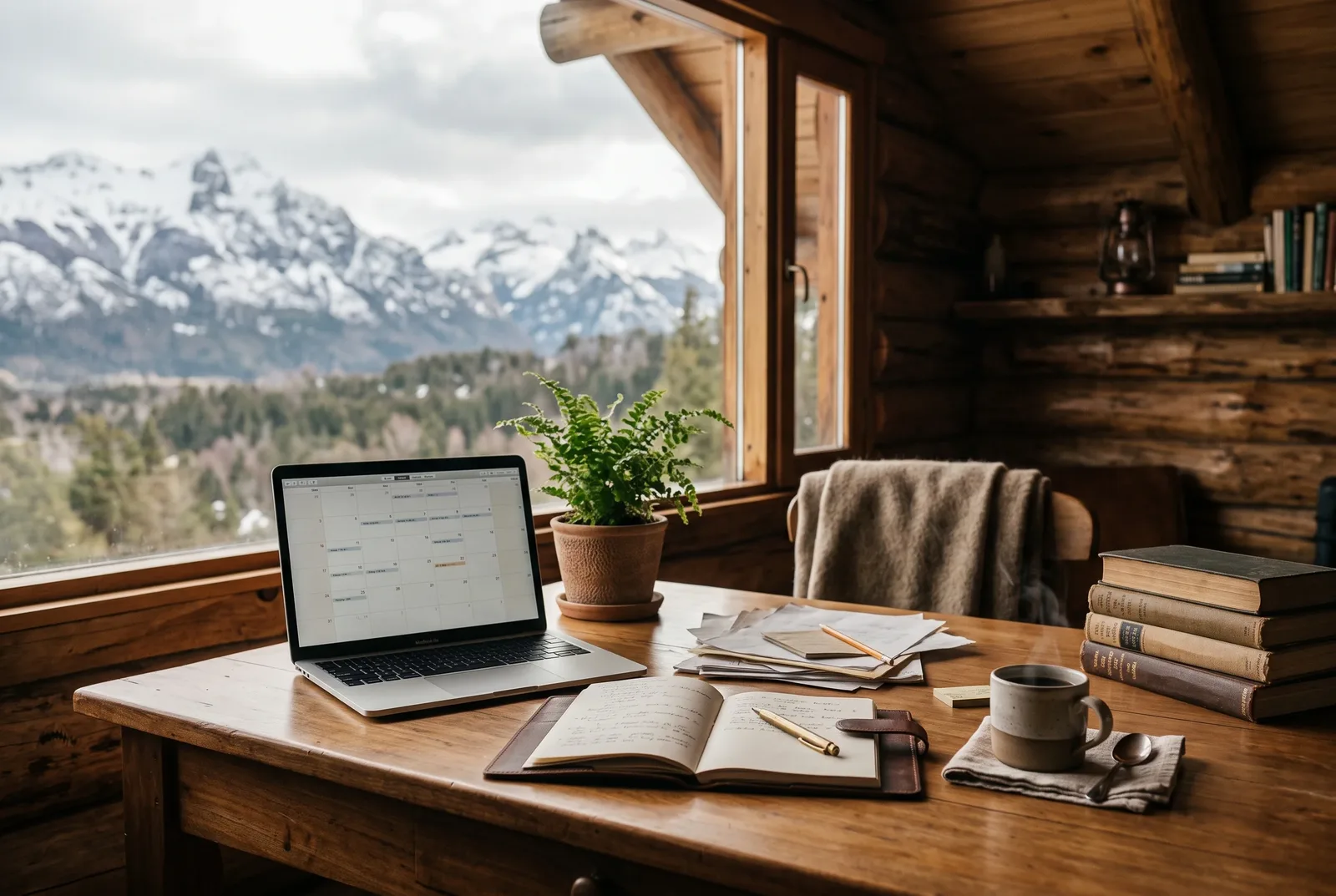 Escritorio de anfitrion con notebook y calendario de reservas en una cabana patagonica, gestionando un Airbnb en Aysen