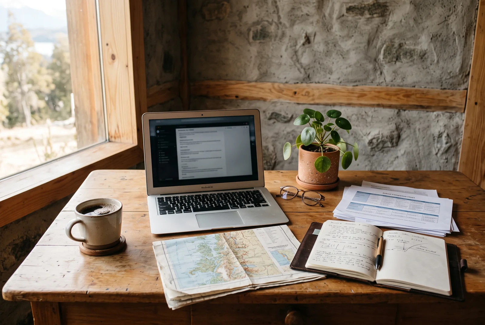 Comparar pueblos de Aysén para familias: escritorio con notas de comparación de colegios, un notebook y un mapa de la Patagonia chilena