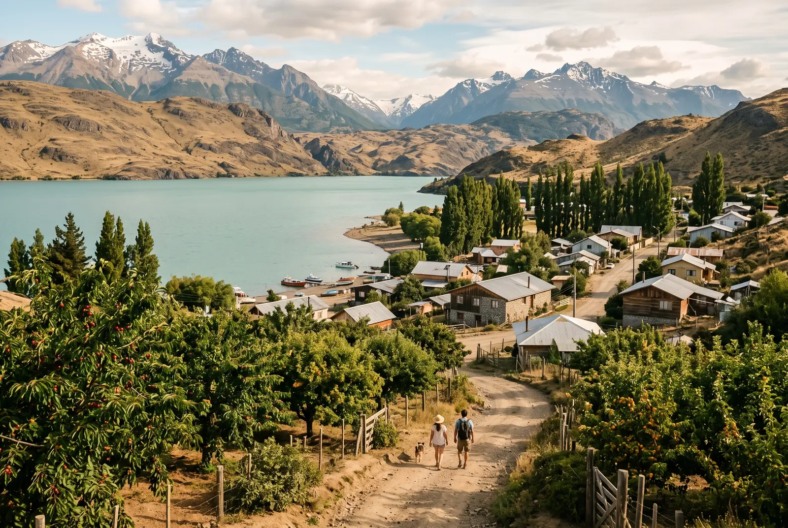 Mejores pueblos de Aysén para familias: pueblo soleado a orillas del lago con huertos frutales frente al Lago General Carrera