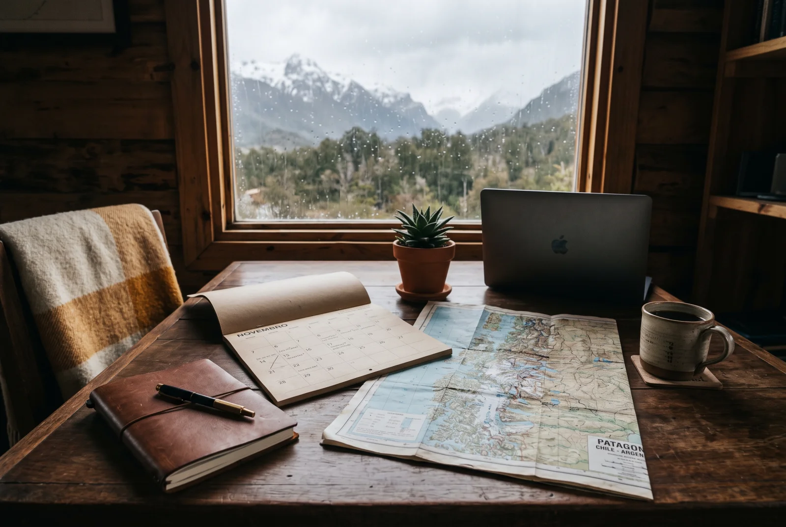 Planificando la mejor época para comprar propiedad en la Patagonia con mapas y calendario en un escritorio de cabaña