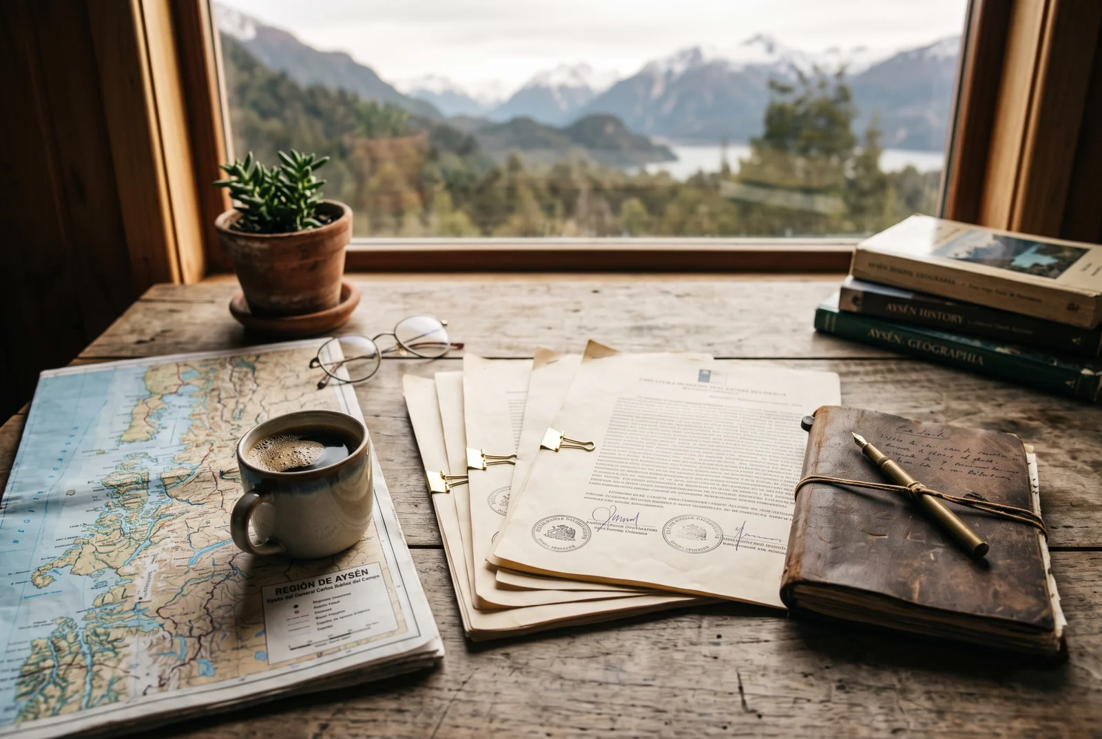 Escritura, cuaderno de cuero y mapa de Aysén sobre un escritorio, pasos legales para comprar un campo en la Patagonia chilena