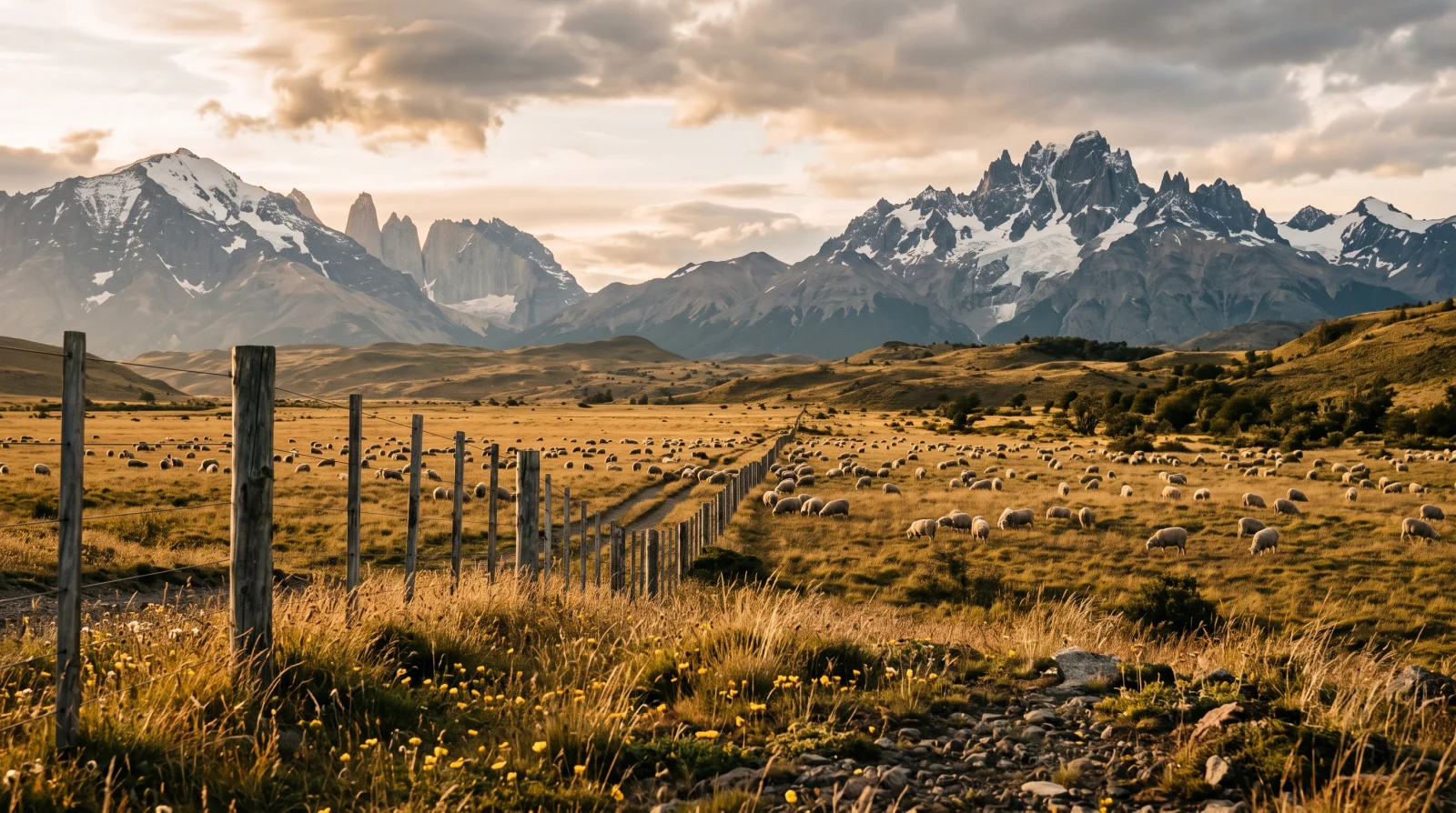 Estancia con ovejas pastando y cerco bajo cumbres tipo Cerro Castillo, comprar un campo en la Patagonia chilena siendo extranjero