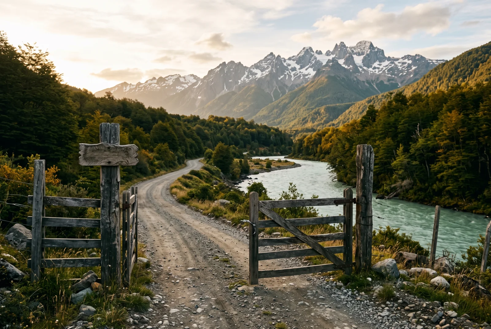 Portón rústico de campo y camino de ripio junto a un valle de río turquesa, campo en venta en Aysén Patagonia
