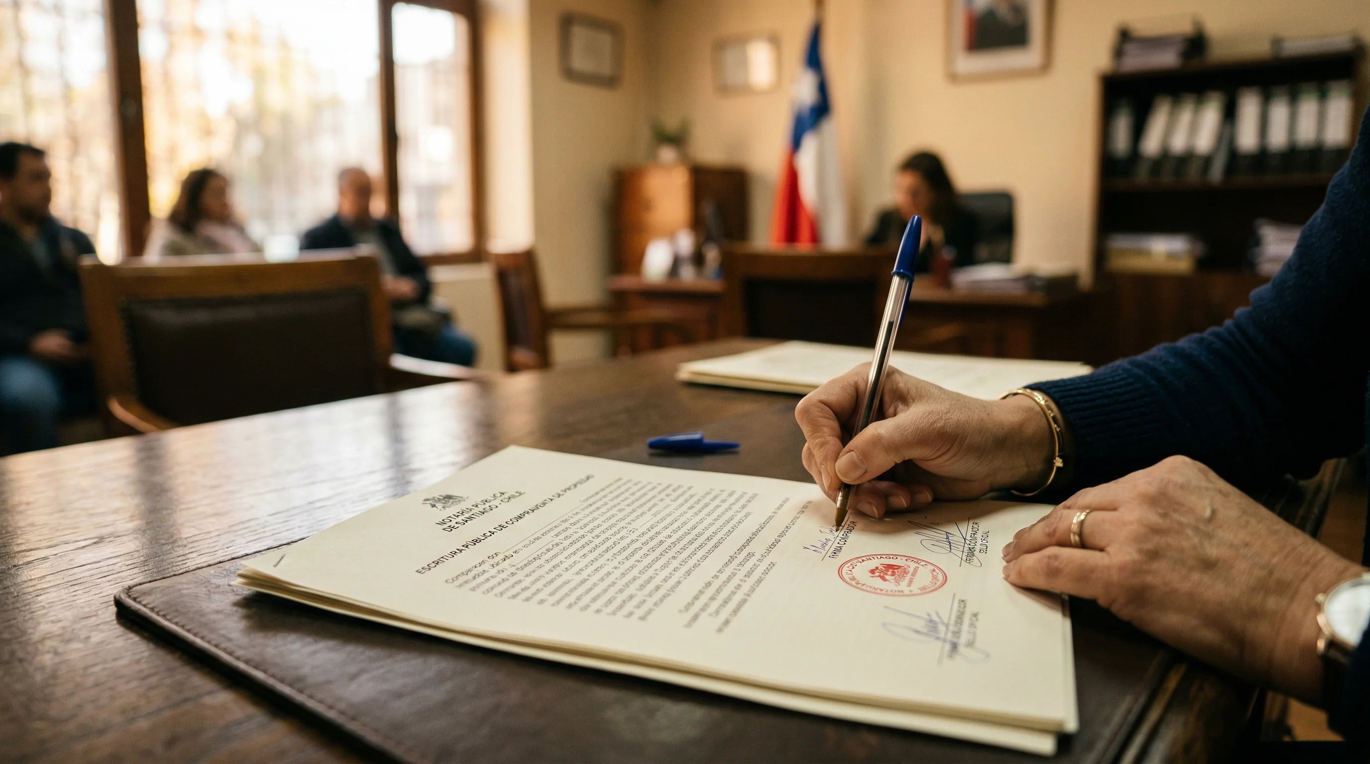 Firma de documentos de compra de propiedad en una notaria chilena