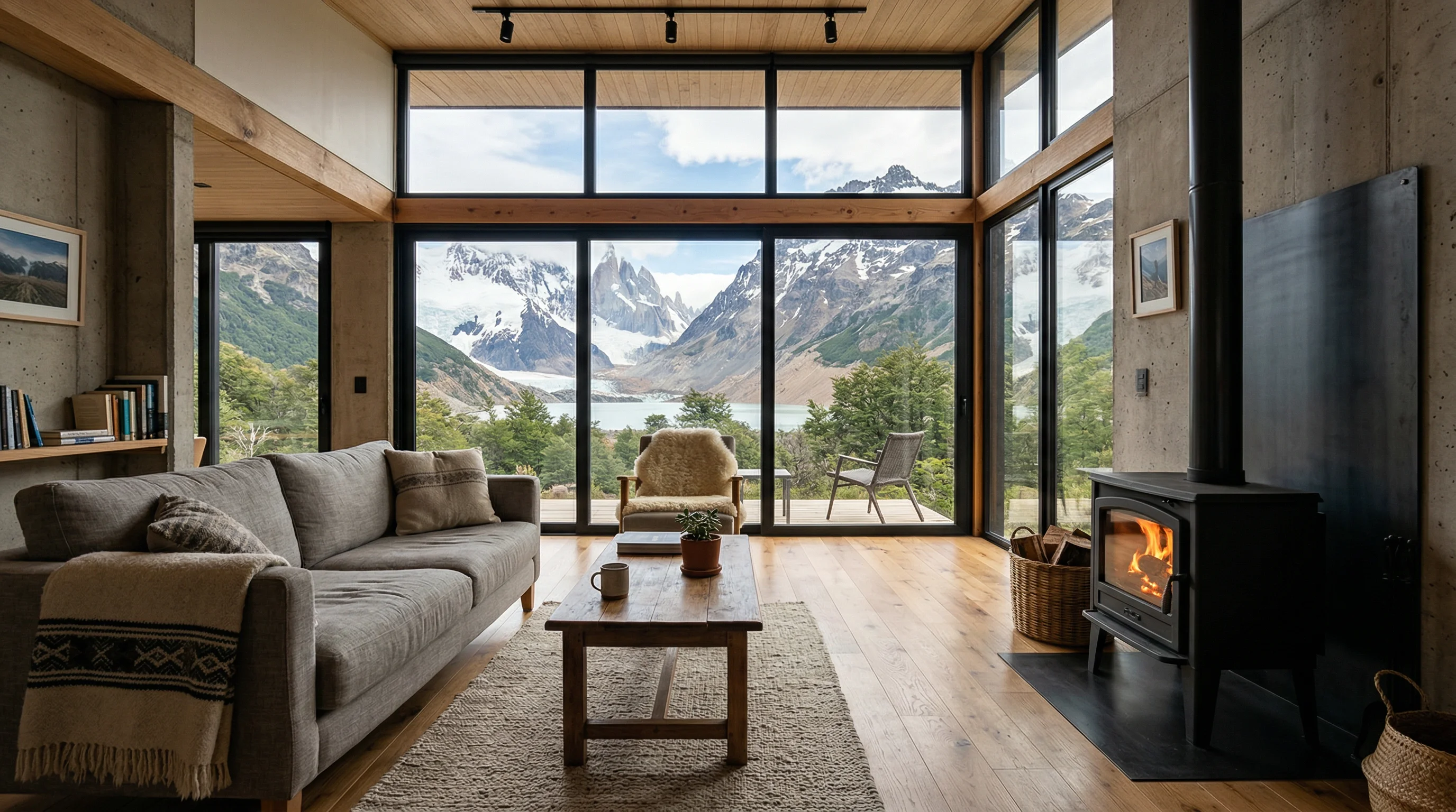 Interior de un departamento moderno en Coyhaique con vistas a las montanas de la Patagonia, pisos de madera y diseno acogedor