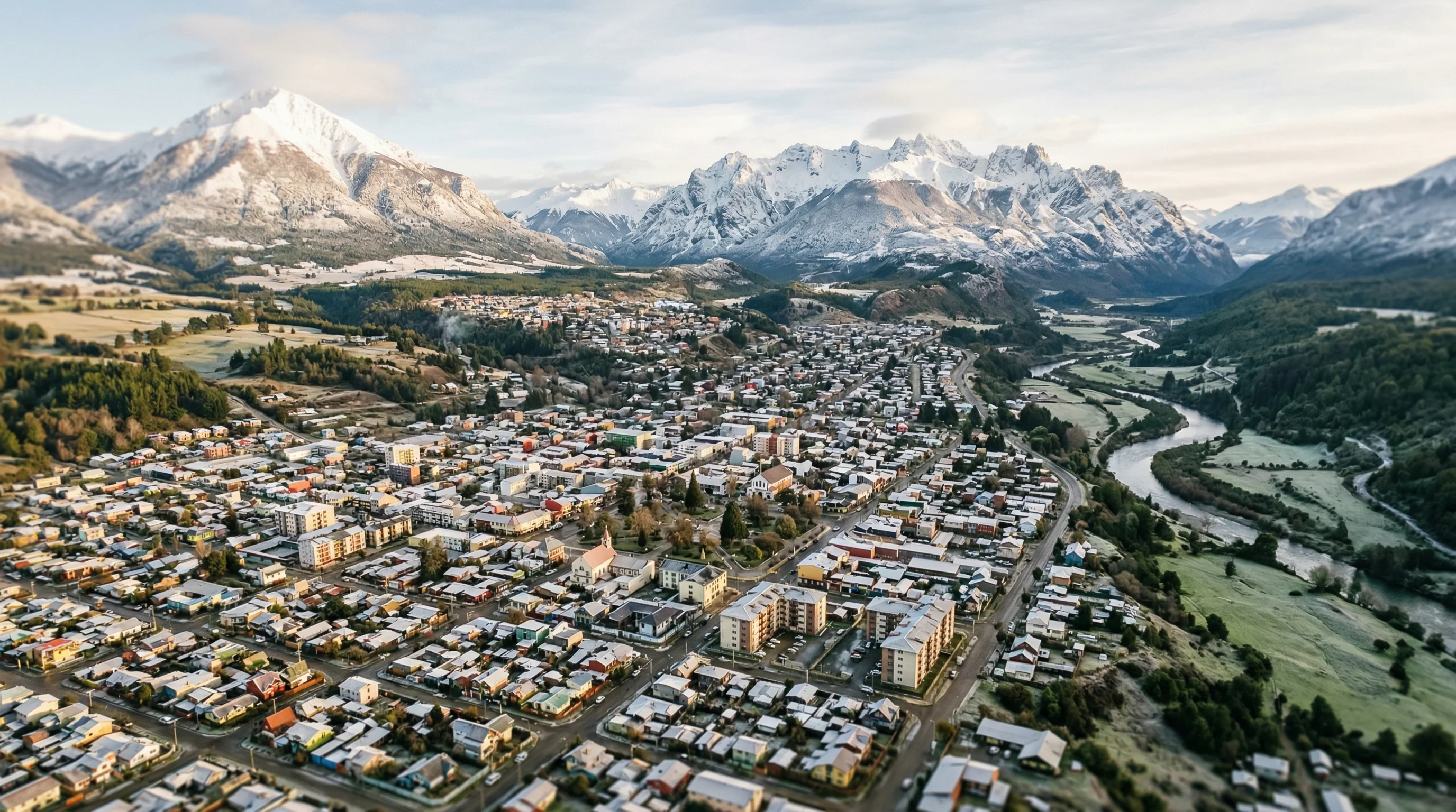 Vista aerea de Coyhaique, capital de la Region de Aysen, rodeada de montanas y valles patagonicos donde el mercado de departamentos esta en pleno crecimiento