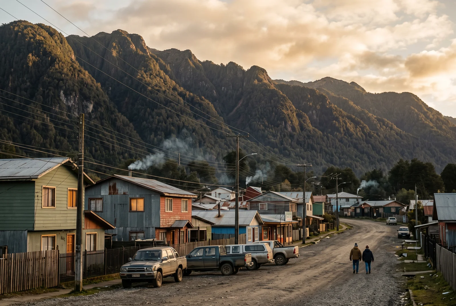 Atardecer dorado en una calle de casas de madera y zinc bajo un cerro boscoso en la Patagonia, una ciudad donde los extranjeros buscan credito hipotecario en Chile