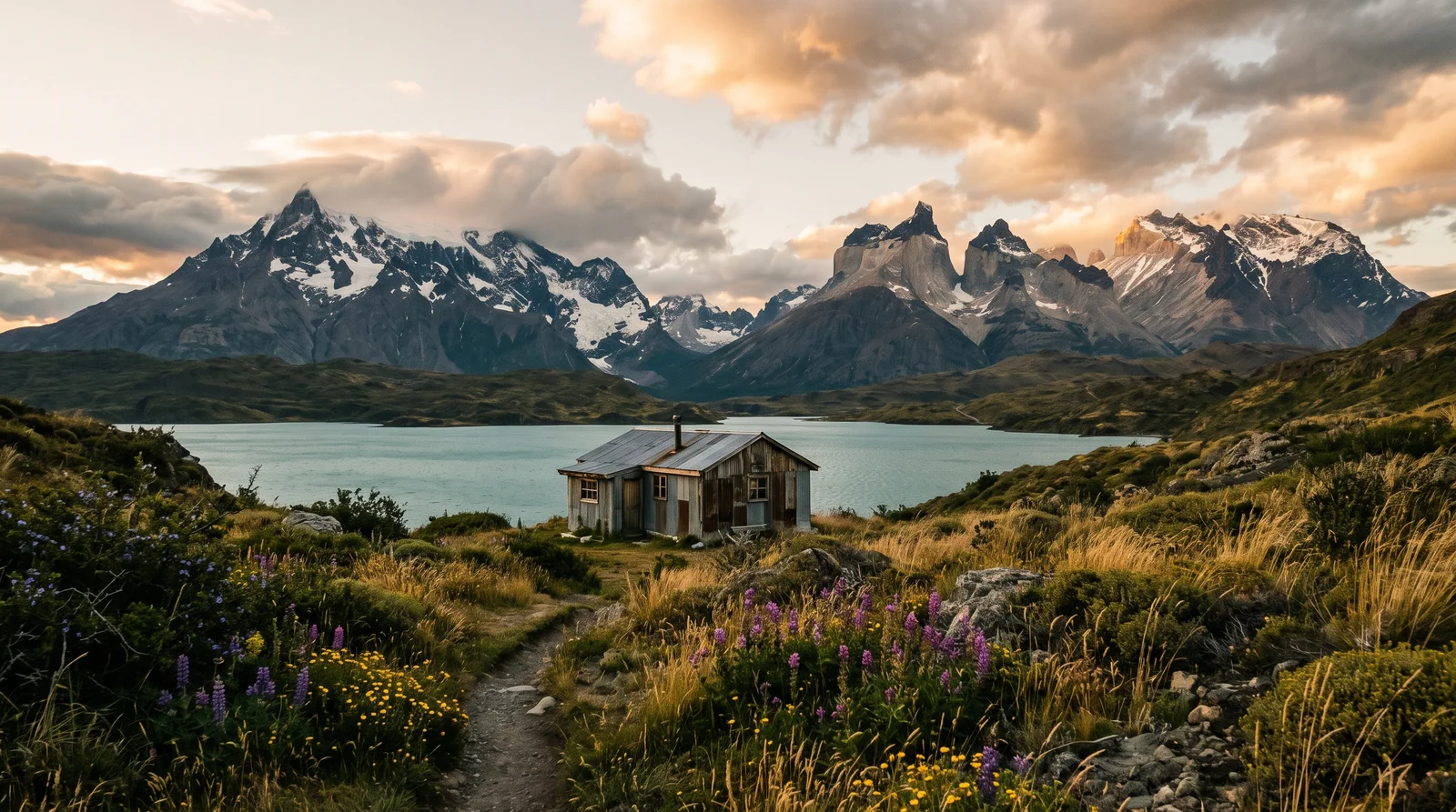 Cabana rustica sobre un lago glaciar turquesa bajo cumbres patagonicas, el tipo de propiedad que los extranjeros intentan financiar en Chile
