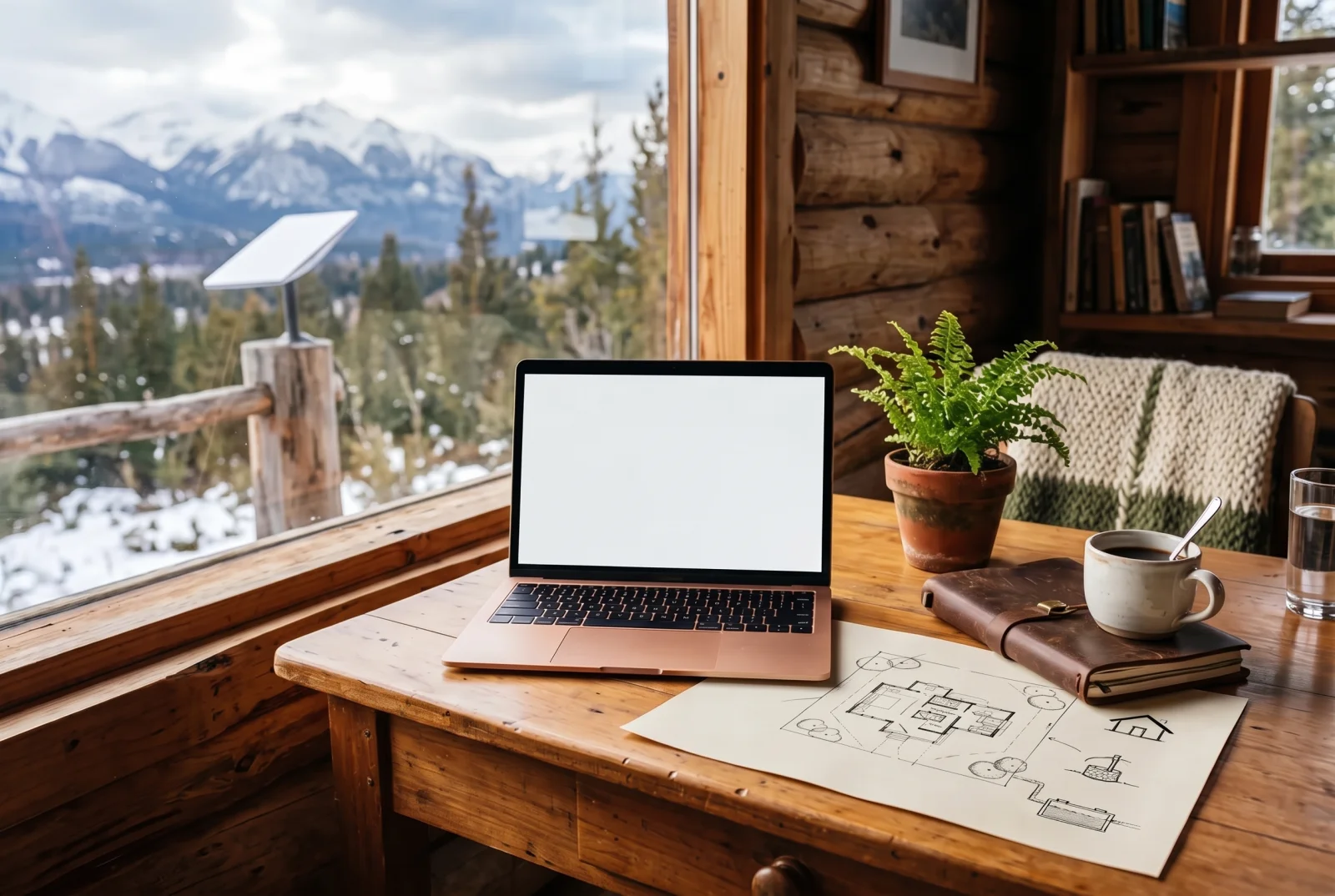Planificar una propiedad off-grid en Aysén: escritorio con plano del sitio, notebook y antena satelital afuera