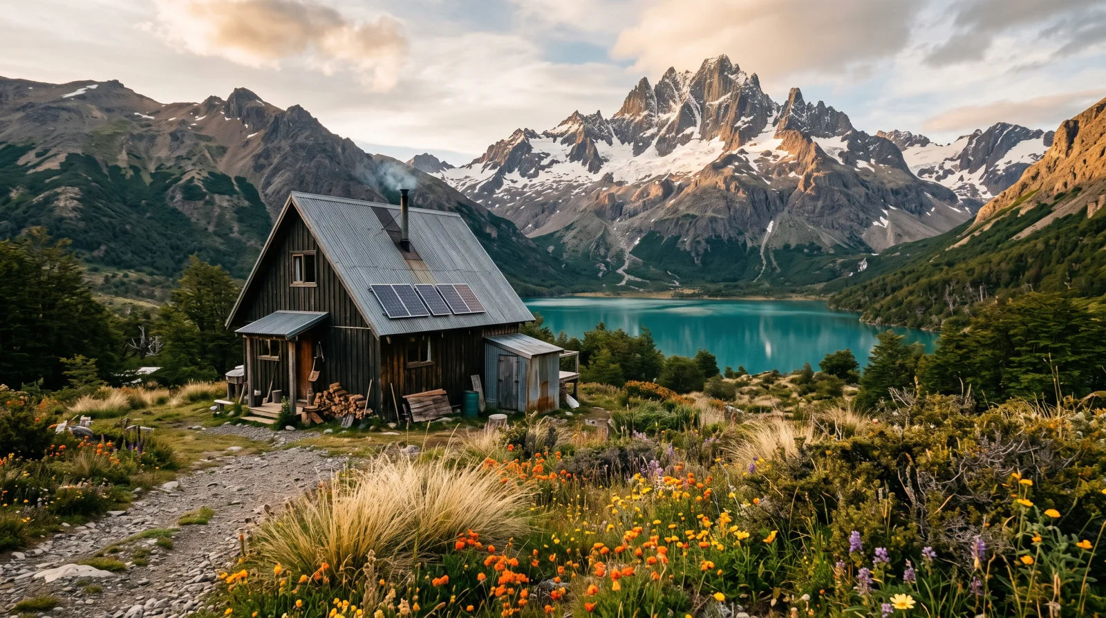 Propiedad off-grid en Aysén: cabaña de madera con paneles solares frente a un lago turquesa y el Cerro Castillo