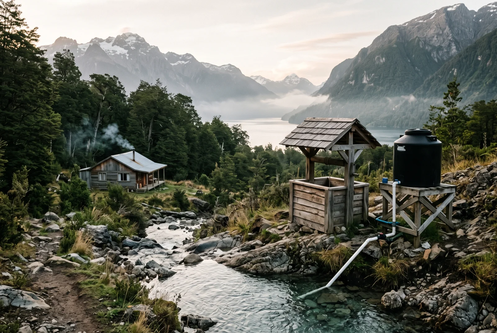 Agua rural en una propiedad off-grid en Aysén: caseta de pozo de madera y estanque junto a un estero de montaña
