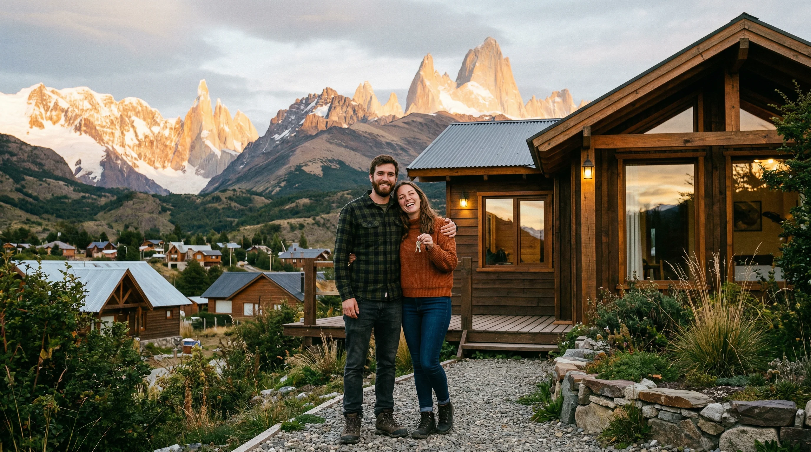 Pareja de compradores de primera vivienda en la Patagonia chilena frente a su nuevo hogar con montanas de fondo