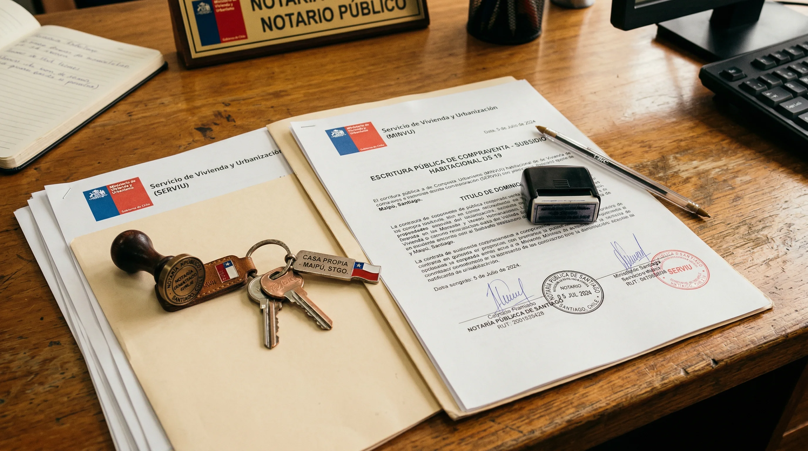 Documentos de subsidio habitacional chileno y llaves de una vivienda nueva sobre un escritorio