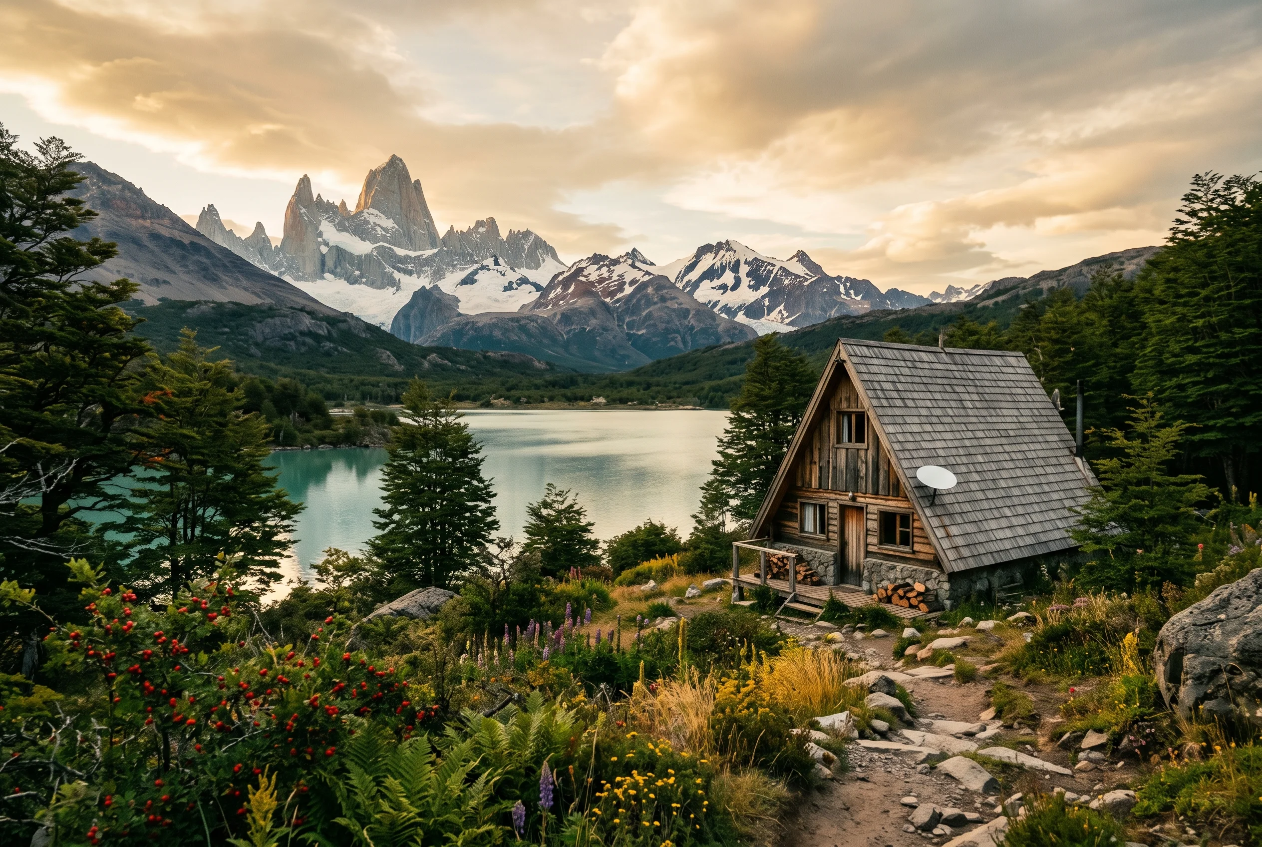 Cabana tipo A-frame en un lago turquesa patagonico con antena satelital, mostrando conectividad para trabajo remoto en Aysen
