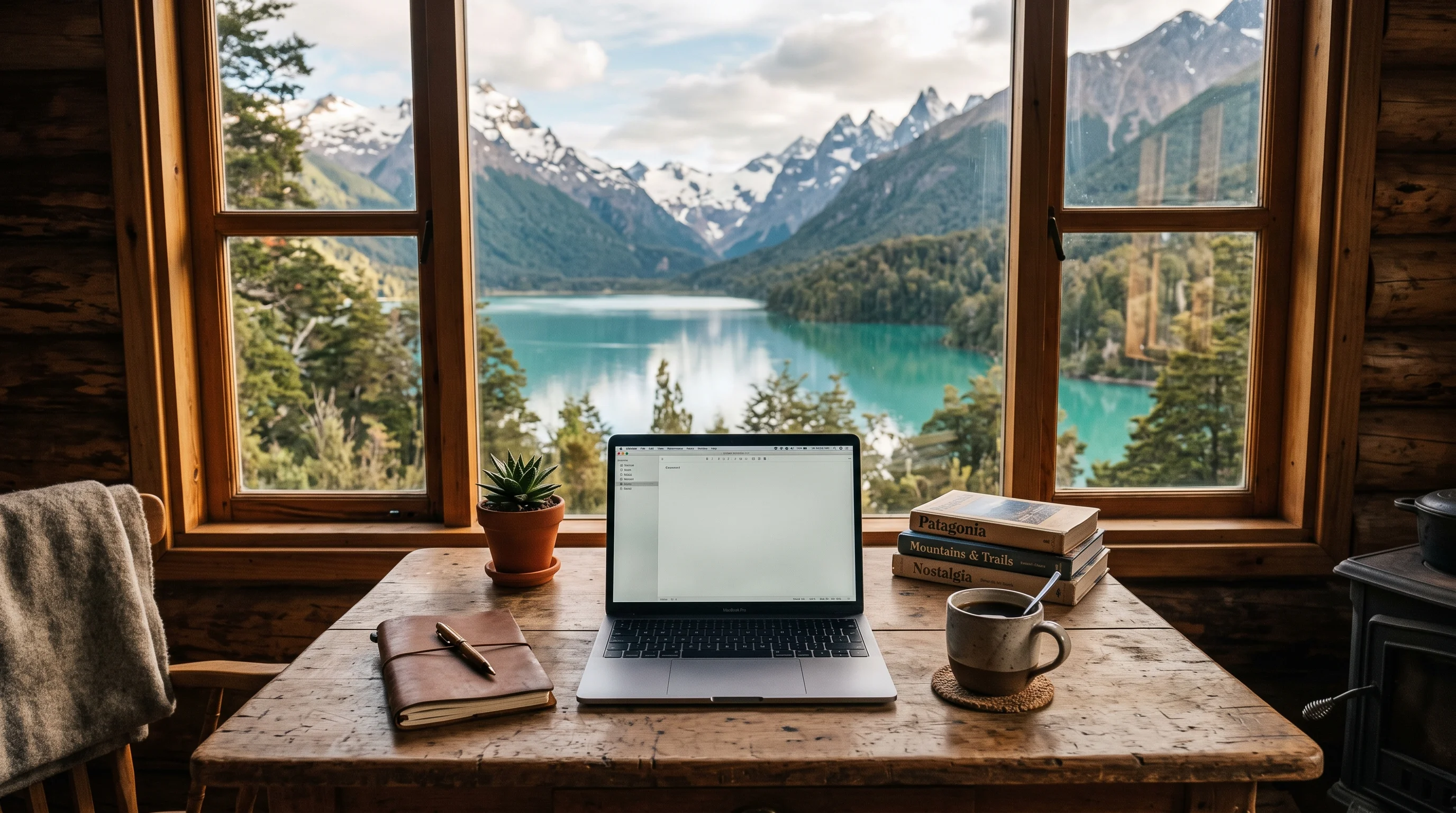 Escritorio de trabajo remoto en una cabana patagonica con MacBook y vista a un lago turquesa y montanas