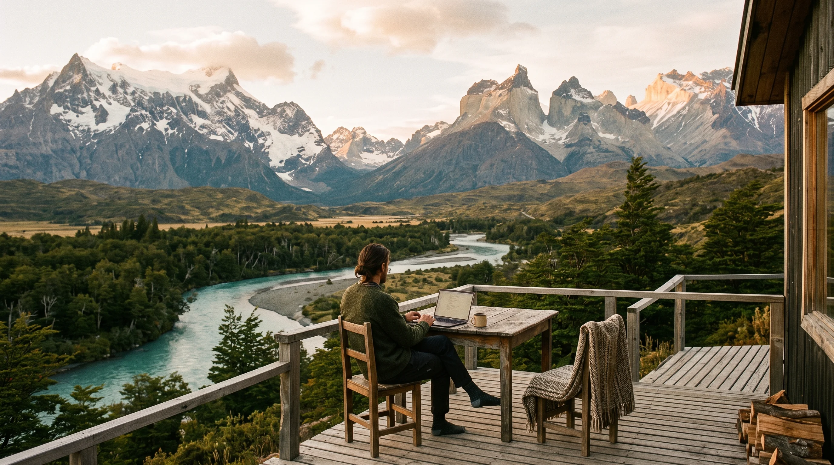 Persona trabajando en un laptop en la terraza de una cabana con vista a un valle patagonico al atardecer