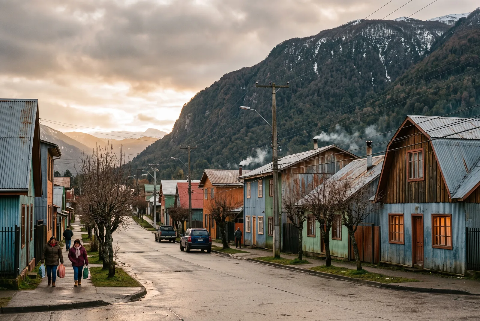 Calle de casas de madera pintada y zinc en Coyhaique con chimeneas humeantes, la vida cotidiana de la jubilacion en la Patagonia chilena