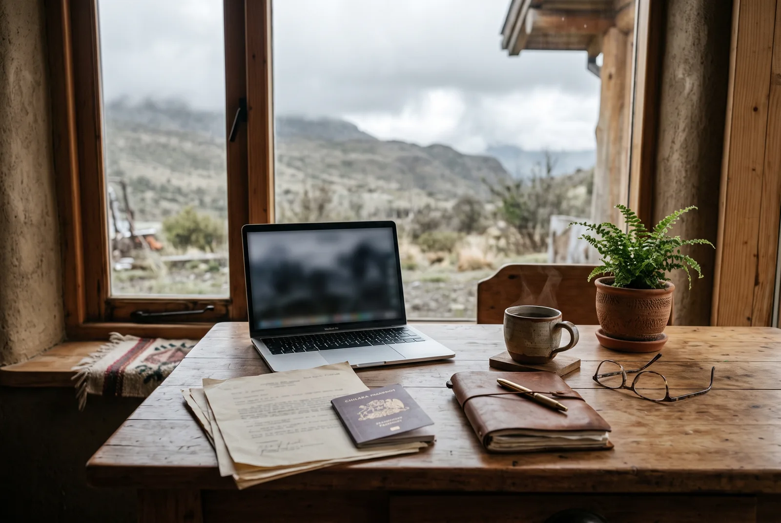Escritorio con notebook, pasaporte y documentos apostillados, el lado administrativo de la jubilacion en la Patagonia chilena