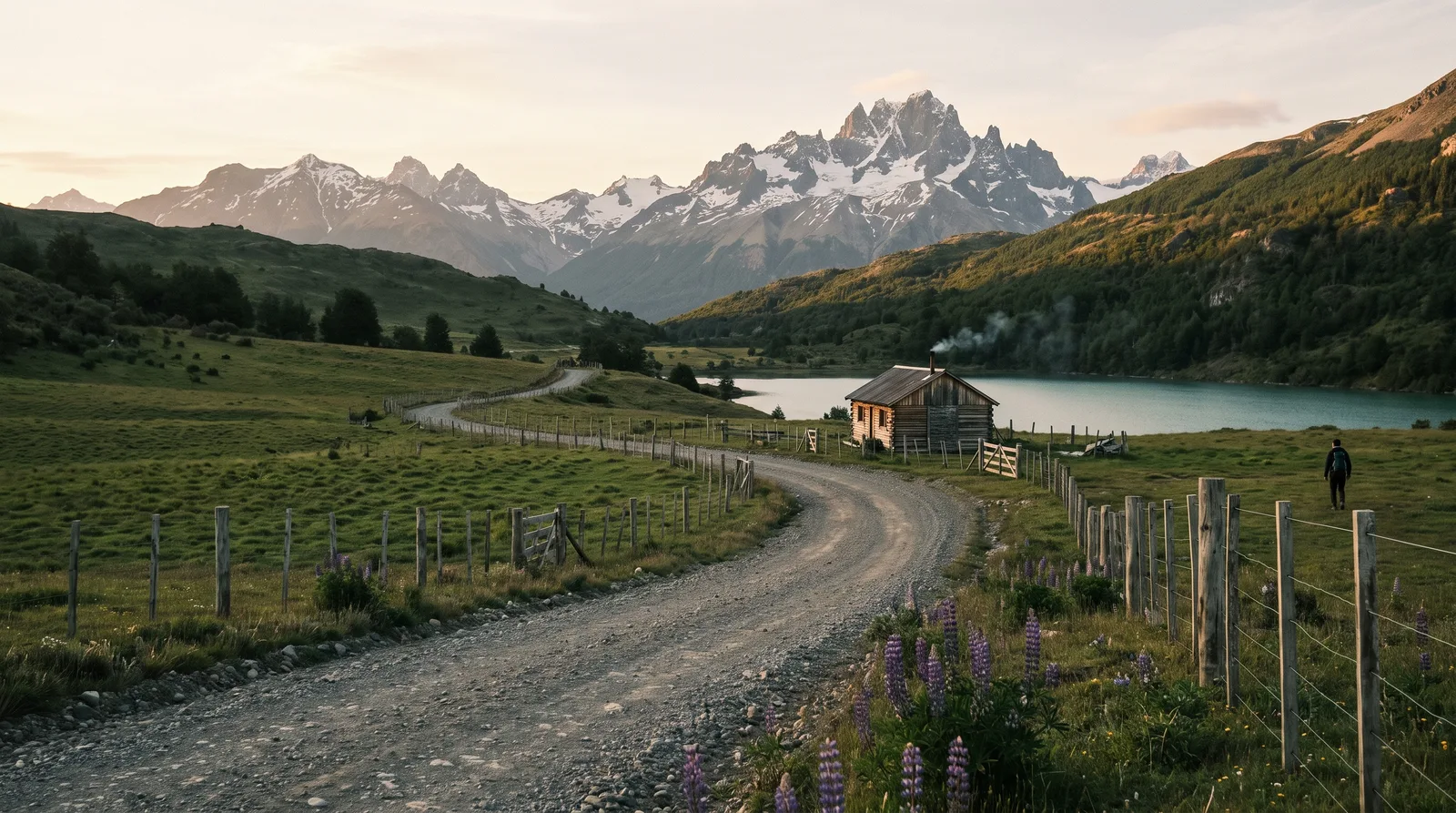 Right of way to landlocked rural land in Aysen: gravel access track crossing fenced pasture to a cabin by a teal lake