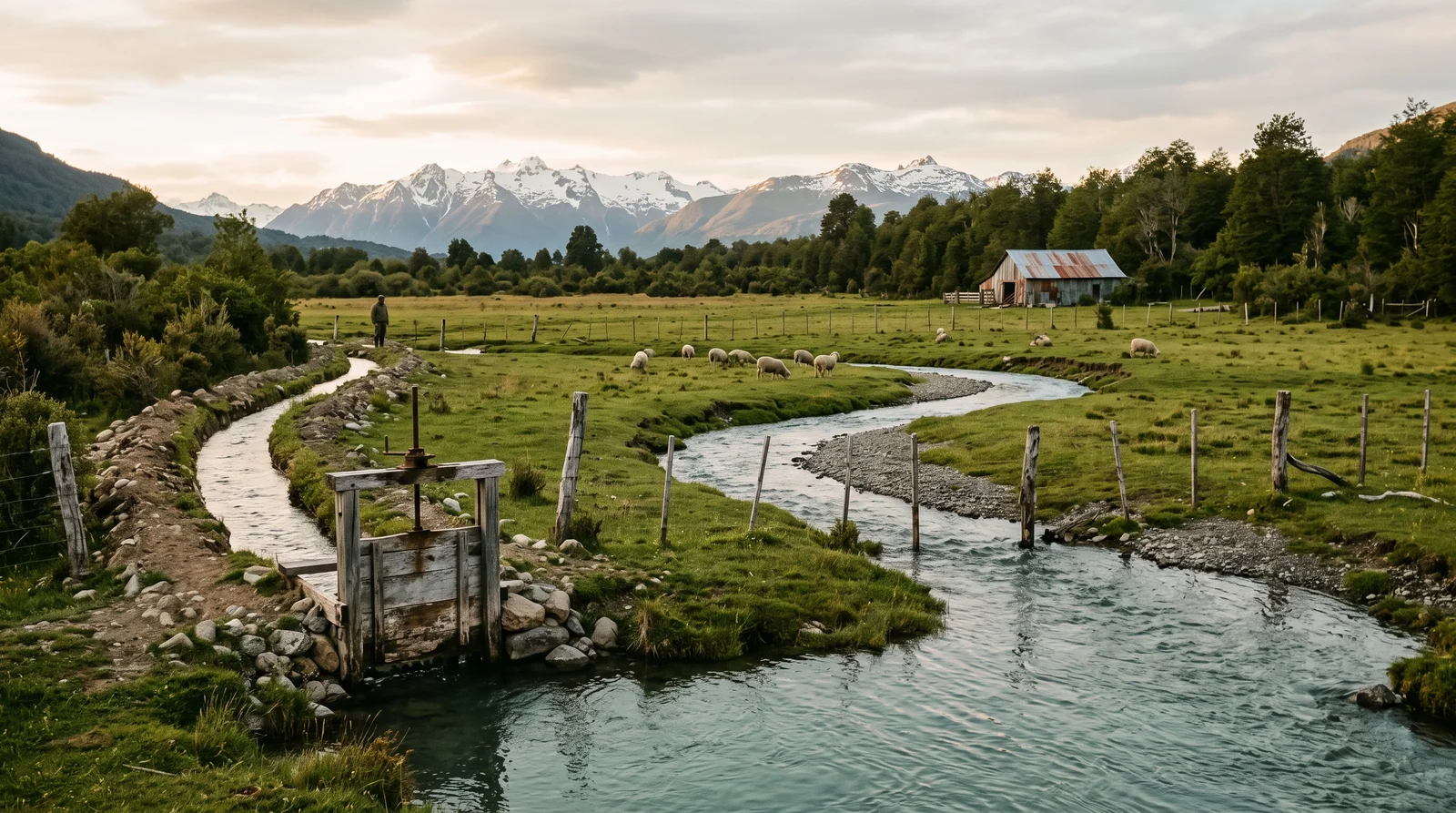 Canal de riego y compuerta de madera desviando un estero en un campo patagónico, las obras que mantienen vivos los derechos de agua en Chile