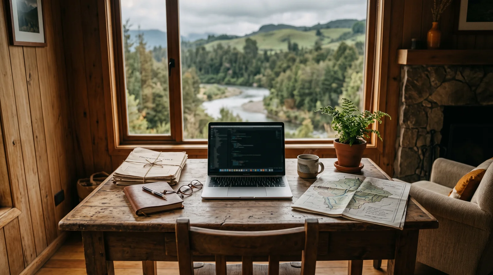 Escritorio con documentos de propiedad, un mapa de cuenca y un notebook, la etapa de papeles para revisar derechos de agua en Chile antes de comprar