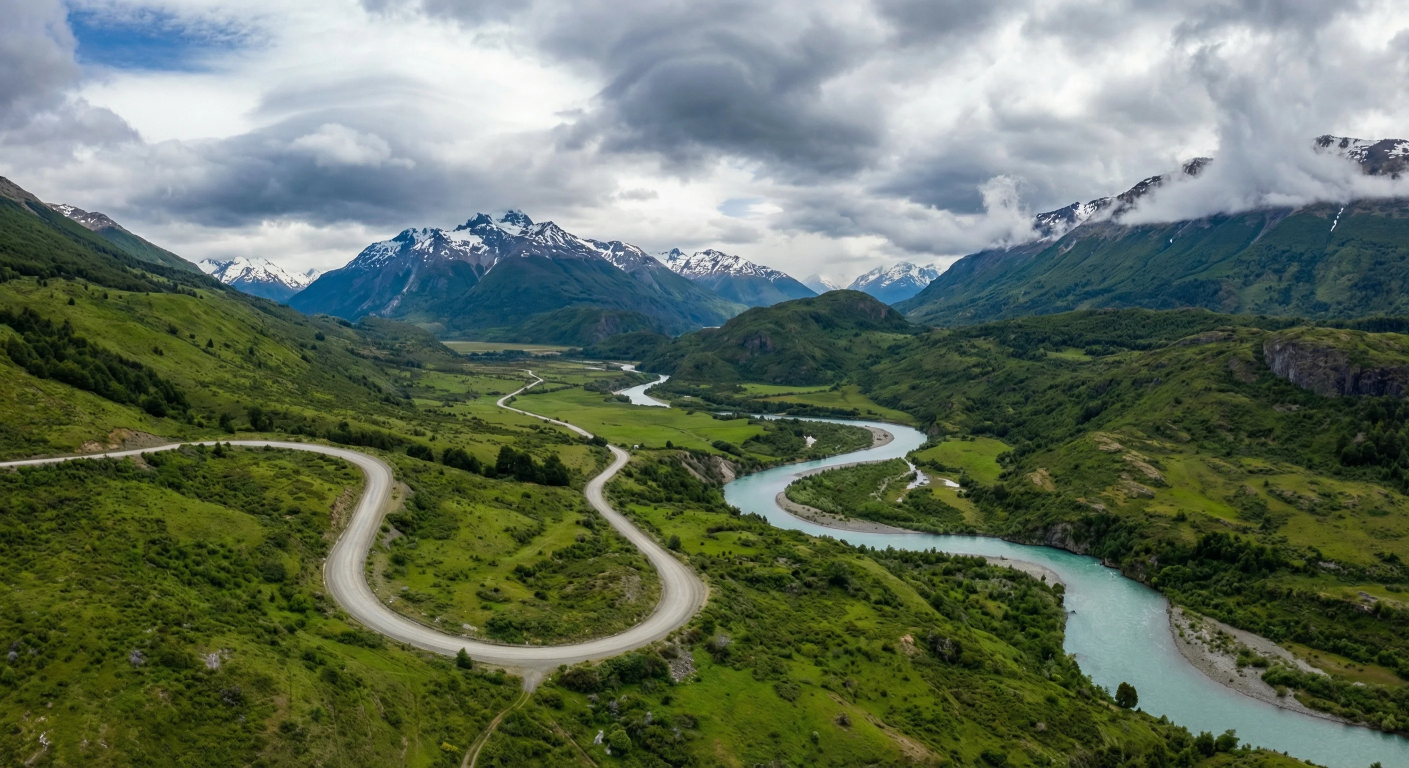 Vista aerea de la Carretera Austral serpenteando entre montanas y bosques patagonicos en la Region de Aysen