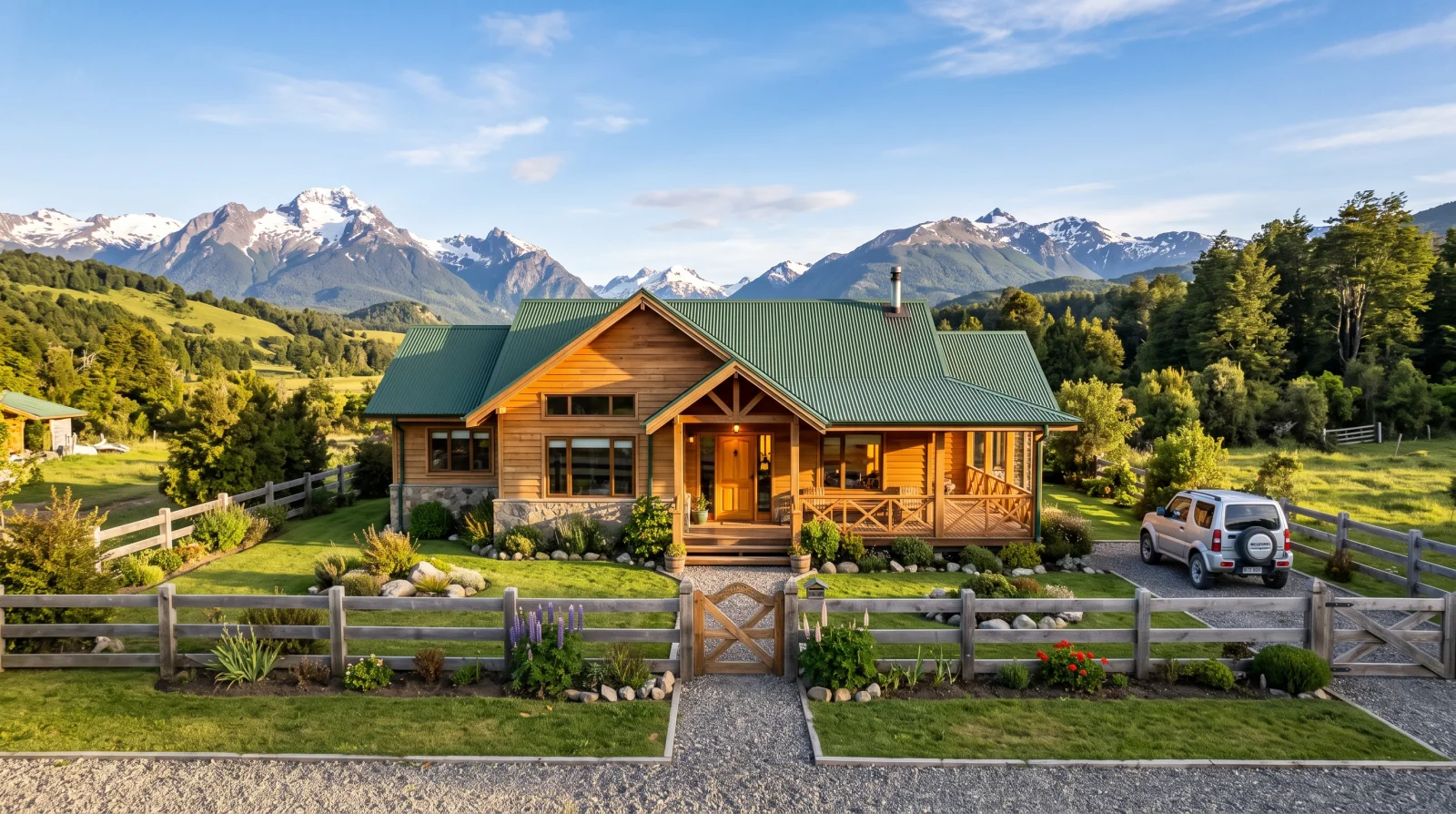 Fachada de una casa patagonica fotografiada con luz dorada del atardecer, centrada en el encuadre, con el jardin ordenado y la cordillera de fondo